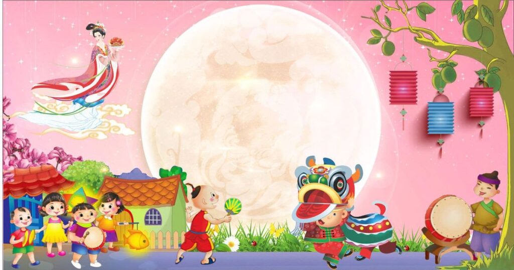 Background Vui Tết Trung Thu với thiếu nhi rước đèn