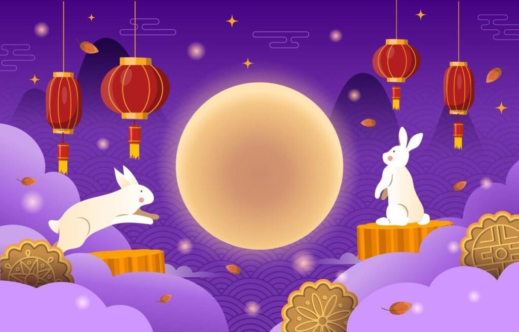 Phông nền vầng trăng sáng kèm lồng đèn